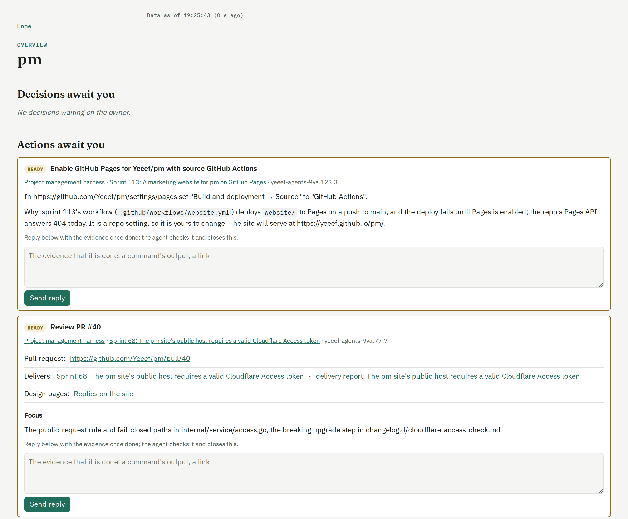 The pm site's overview page: the decisions and actions that wait on the owner, each with a reply form.